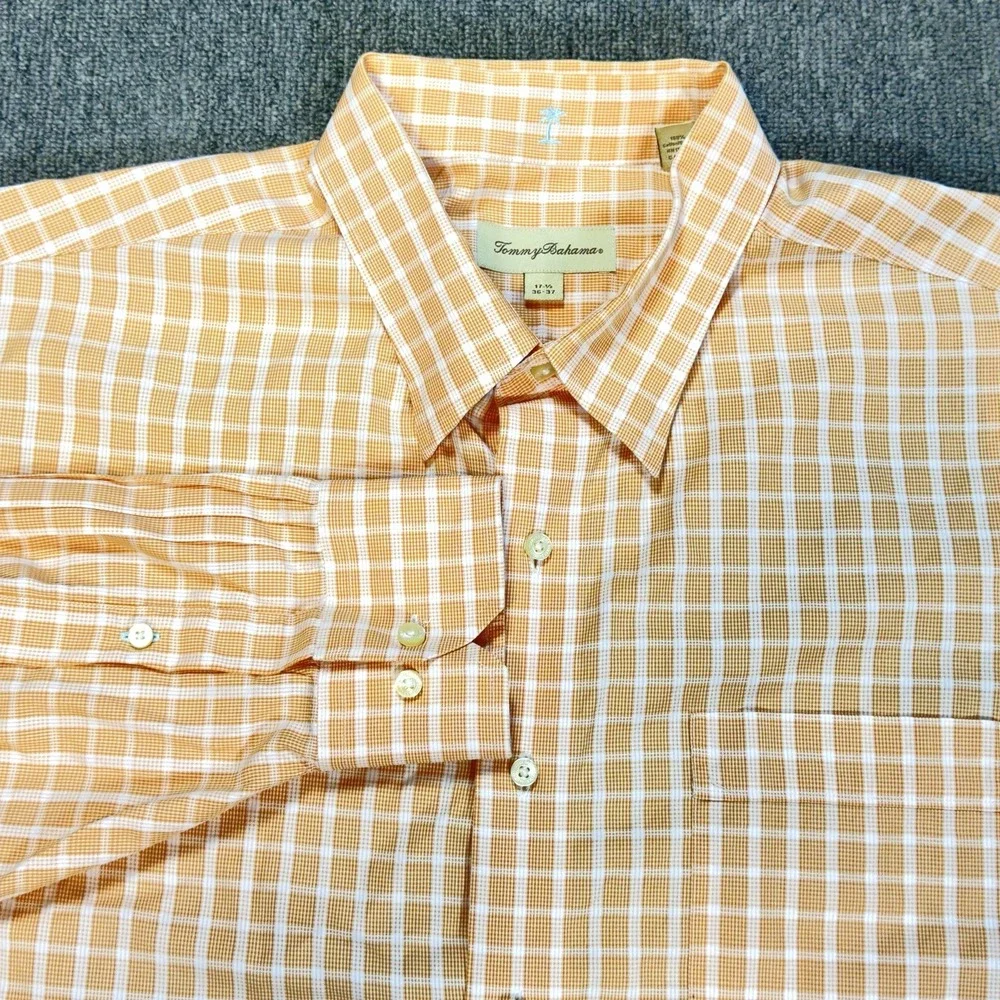 Tommy Bahama Mens Orange Plaid Button Down Long Sleeve Dress Shirt 17.5 36/37 XL